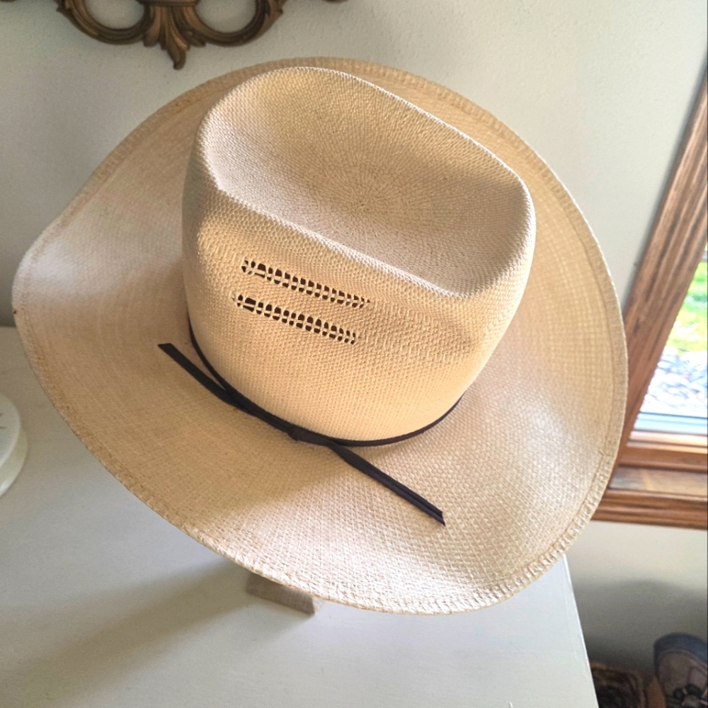 Vtg  BANGORA   Straw Hat Panama Cowboy Men Rancher Size 7  604H Vented Natural
